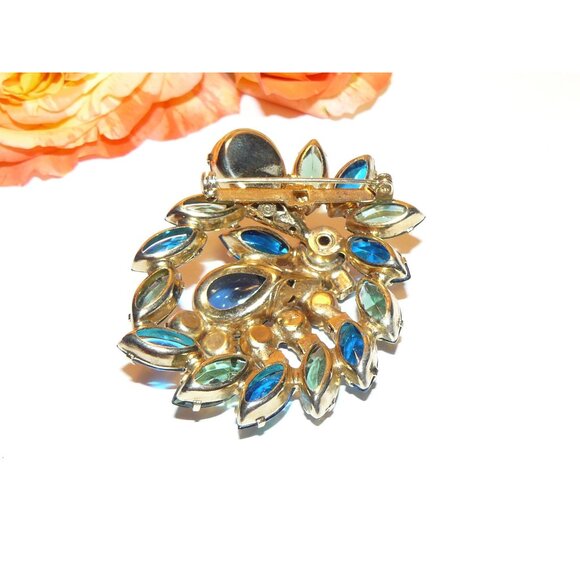 Stunning Blue and Green Rhinestone Brooch, Vintage Rhinestone Brooch, - Picture 4 of 6